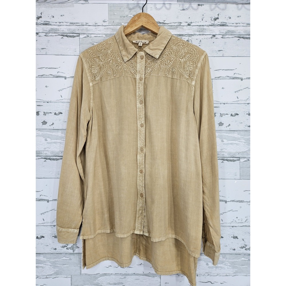 Solitaire Women's Medium Beige Tunic Blouse Embroidered Washed Fabric